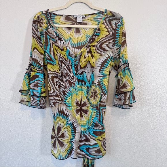 Alberto Makali Tops - Alberto Makali Brown Yellow Teal Ruffled Blouse Womens S Maximalist Y2K Bold